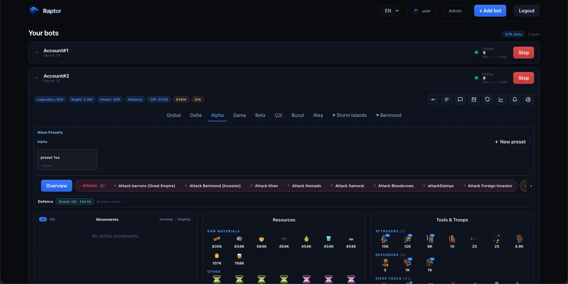 Raptor dashboard preview — the Goodgame Empire bot control center